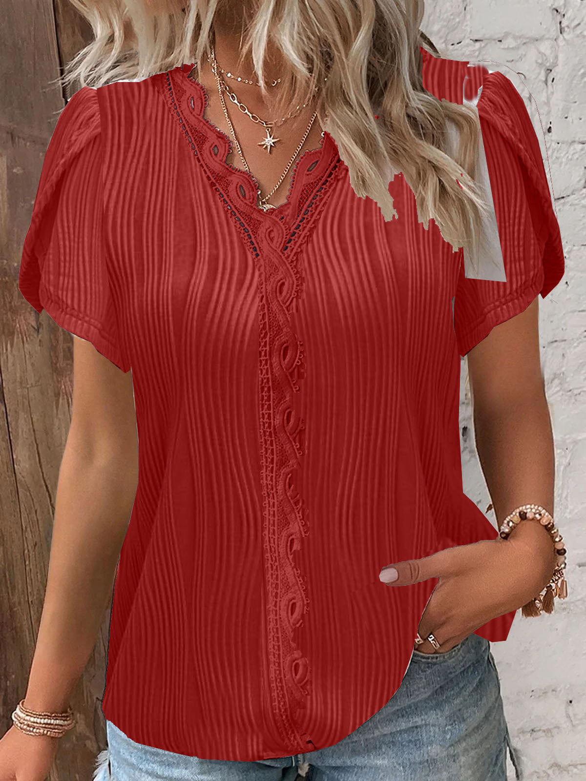 Damen spitzenbesetzte knopfleistenbluse WW