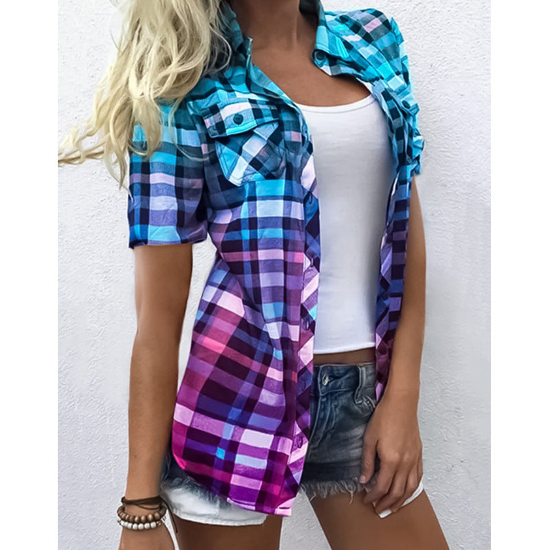 Damen Kurzarm Bluse im karierten Design mit modernen Akzenten WW