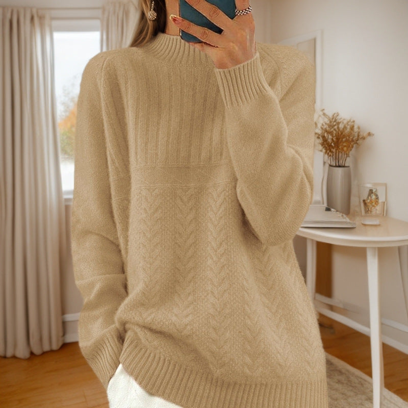 Damen Strickpullover mit kreativem Zopfmuster und hohem Kragen WW