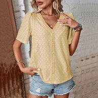 Damen Bluse mit dekorativem Lochmuster und elegantem V-Ausschnitt WW