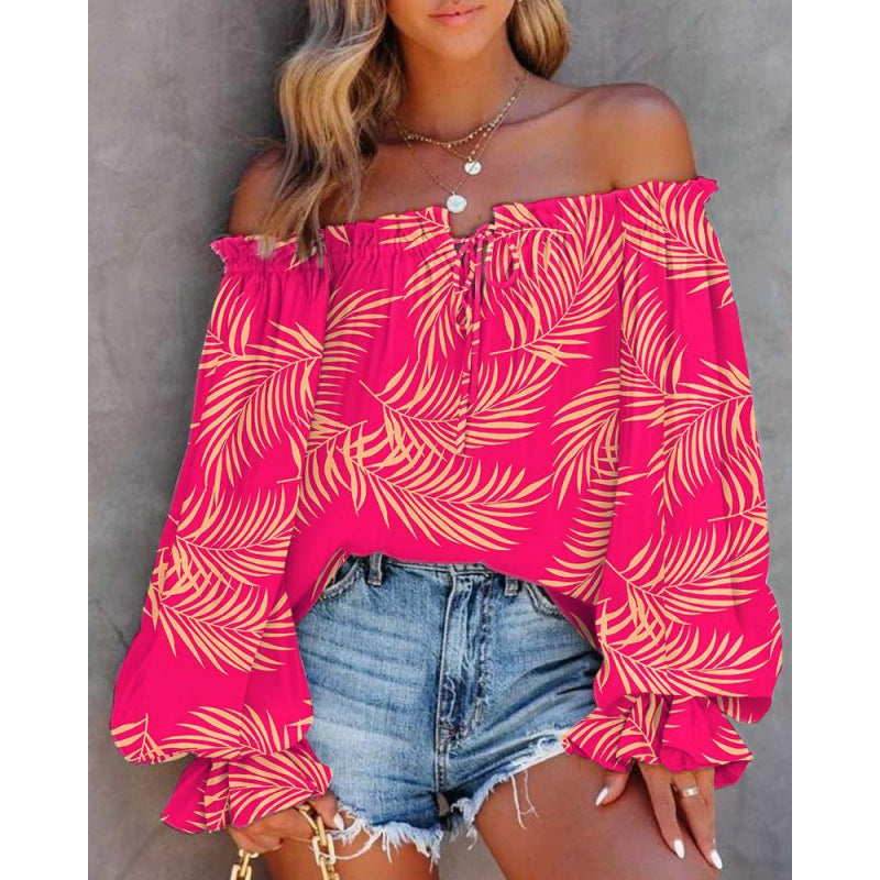 Damen Off-Shoulder Bluse mit buntem Muster und elastischem Saum WW