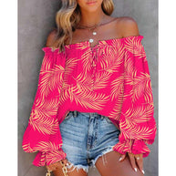 Damen Off-Shoulder Bluse mit buntem Muster und elastischem Saum WW