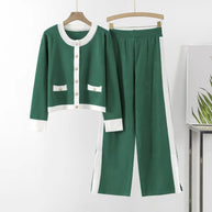 Damen Strick-Loungewear-Set mit dekorativen Knöpfen und seitlichem Schlitz WW