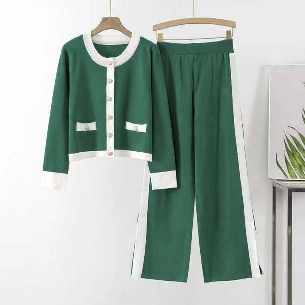 Damen Strick-Loungewear-Set mit dekorativen Knöpfen und seitlichem Schlitz WW