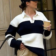 Damen Sportlicher Pullover mit Kragen und Blockstreifen WW