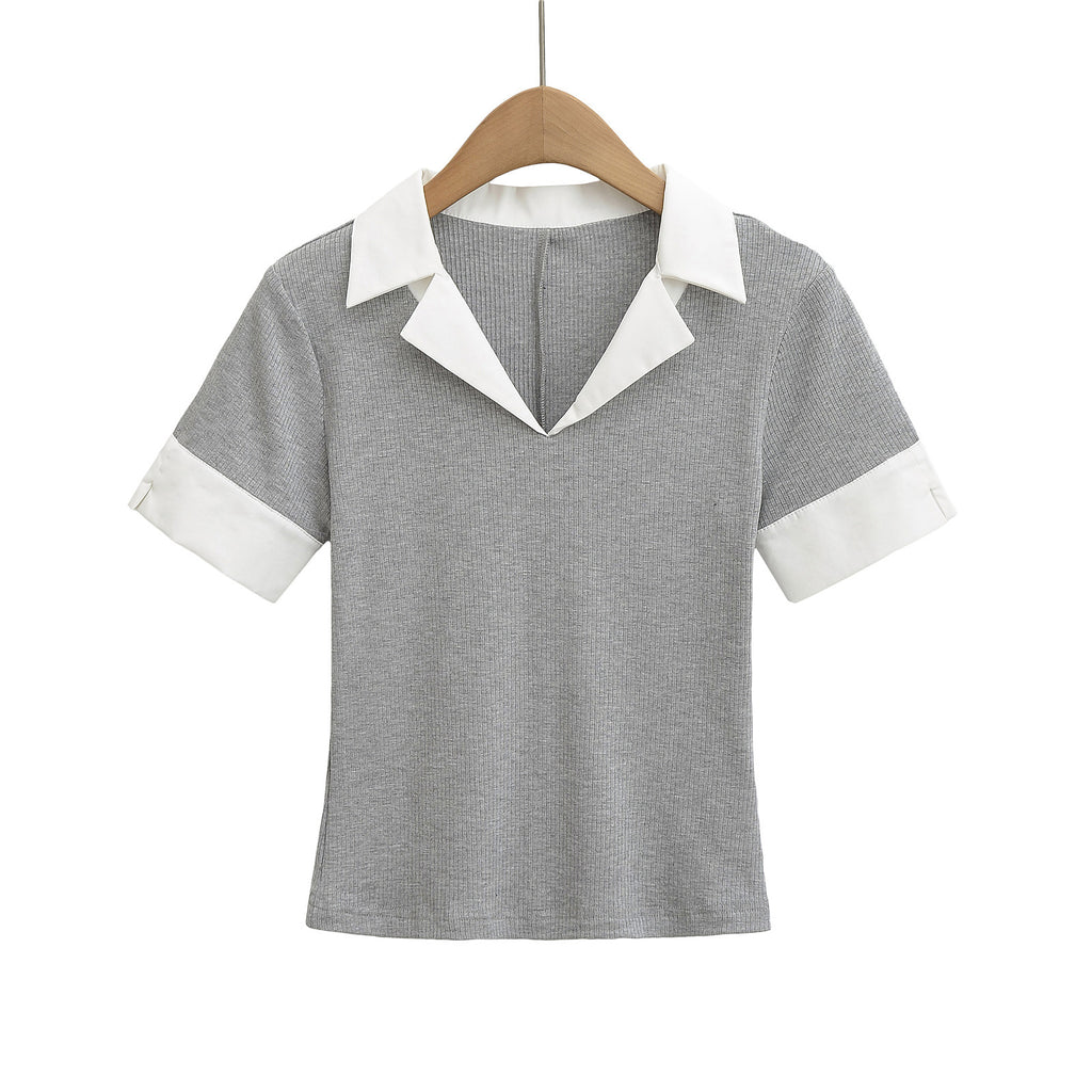 Damen Kurzarm-Oberteil mit eleganten Kontrastkragen und modernem Schnitt WW
