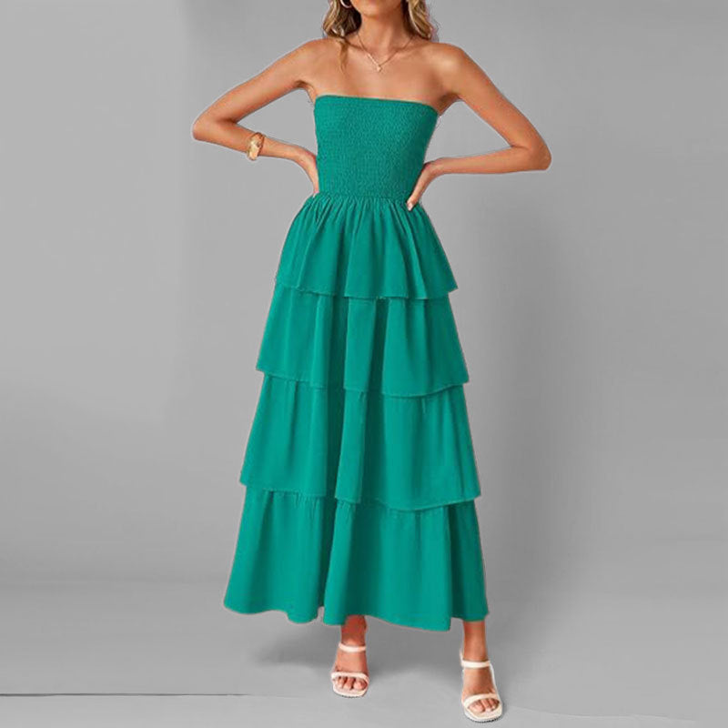 Damen Maxikleid mit schulterfreiem Design und voluminösen Rüschenschichten W&W Mode