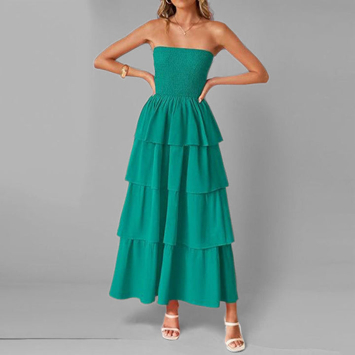 Damen Maxikleid mit schulterfreiem Design und voluminösen Rüschenschichten W&W Mode