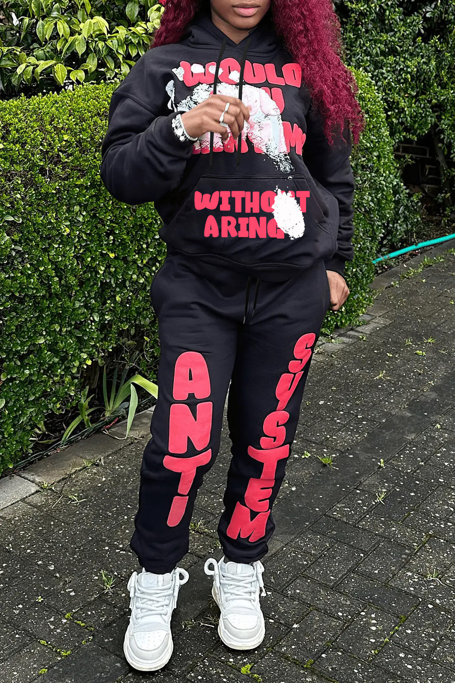 Damen Sportliches Sweatpants und Hoodie Set mit auffälligem Schriftzug WW