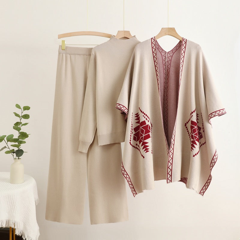 Damen Strick-Loungewear-Set mit außergewöhnlichem Poncho-Stil WW