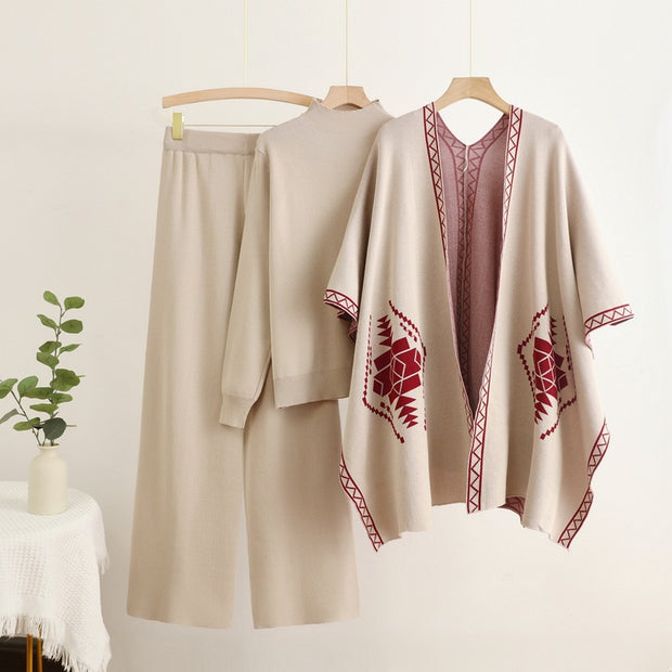 Damen Strick-Loungewear-Set mit außergewöhnlichem Poncho-Stil WW