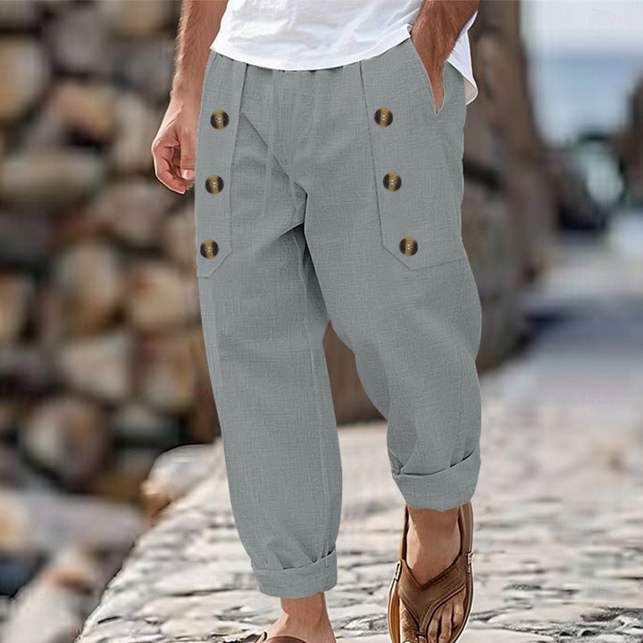 Herren Bequeme Leinenhose mit seitlichen Knöpfen und elastischem Bund W&W Mode