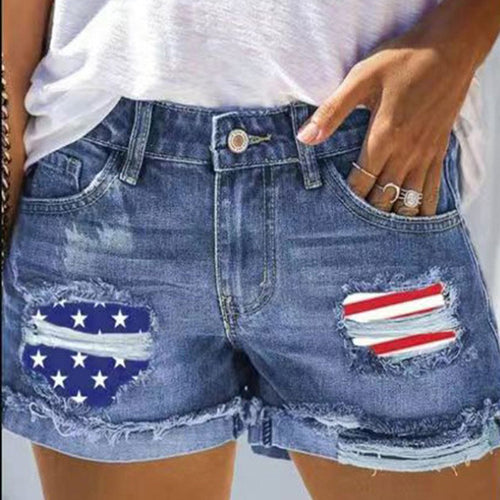 Damen Denim-Shorts mit kreativen Flaggenapplikationen und lässigem Destroyed-Design WW