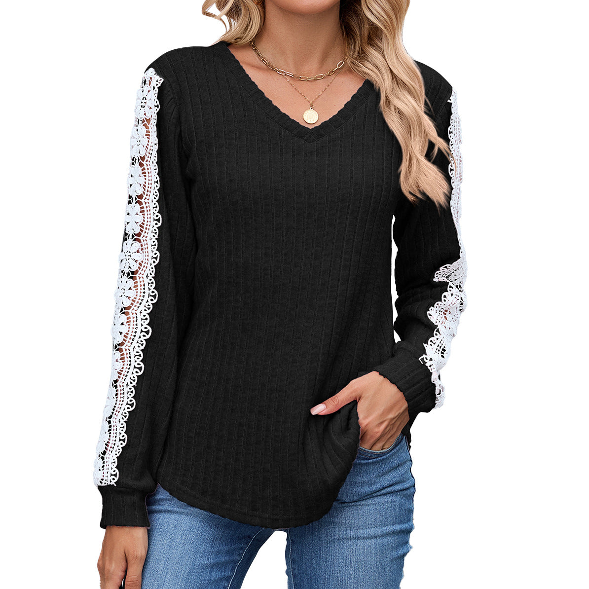 Damen Relaxed Fit V-Ausschnitt Pullover mit Spitzenakzenten WW