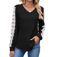 Damen Relaxed Fit V-Ausschnitt Pullover mit Spitzenakzenten WW