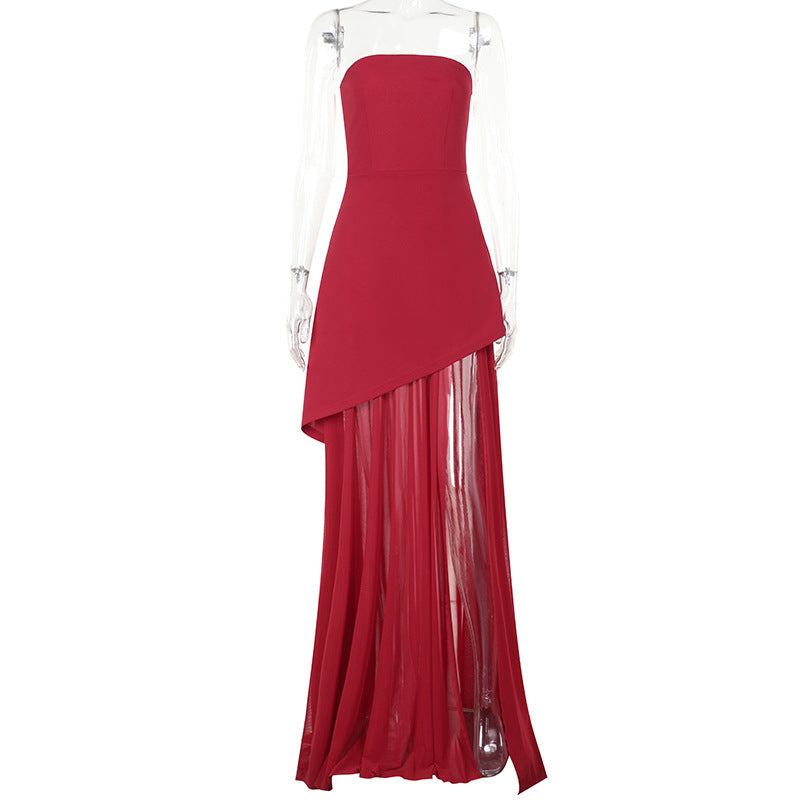 WW | Stil Temperament Schlank Tube Top Mesh Stich Swing Kleid