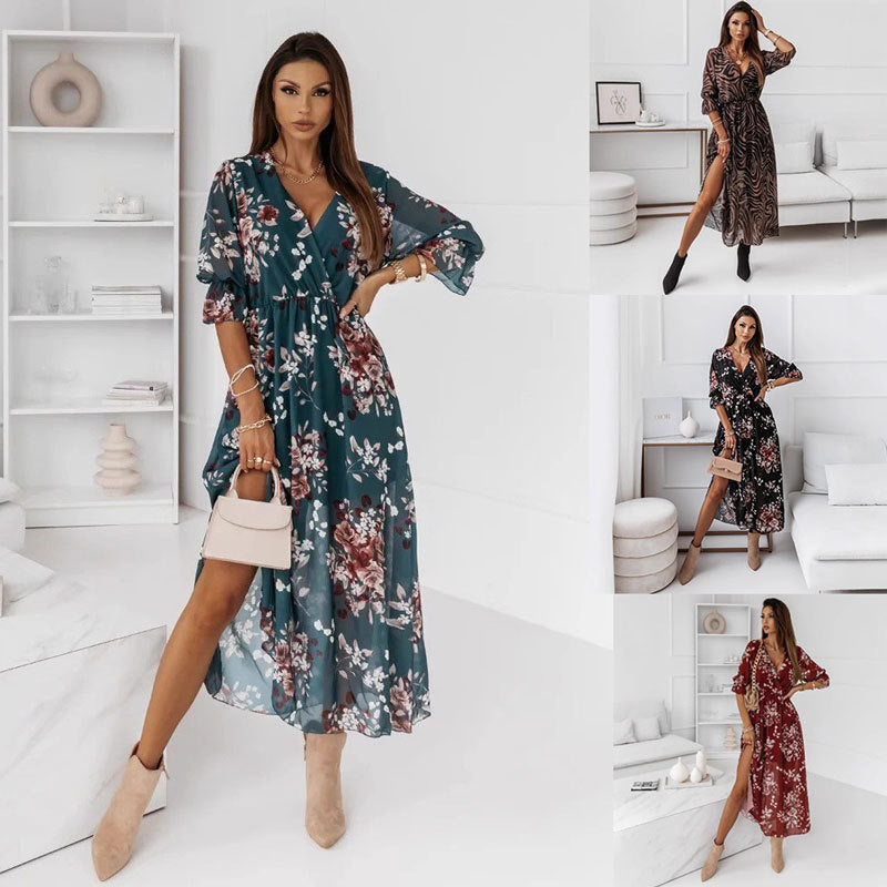 WW | Kurzarm Split Chiffon Bedrucktes Maxikleid