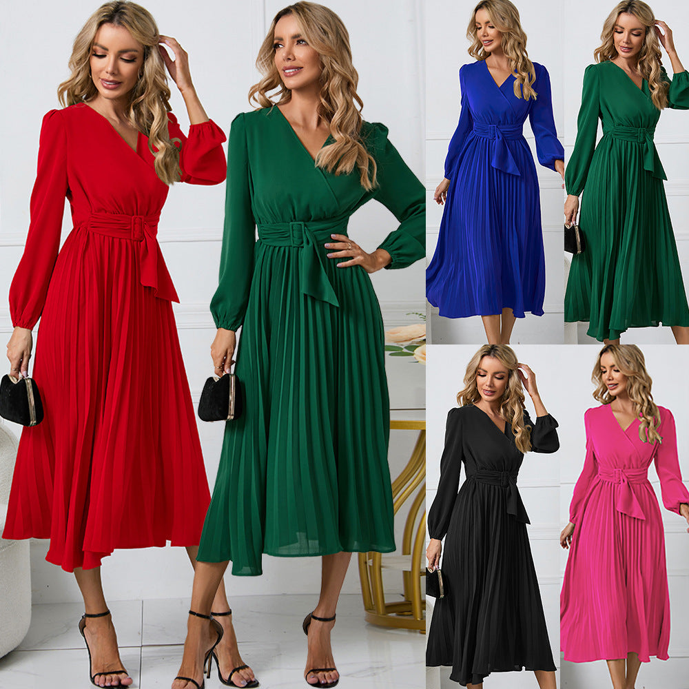 Damen Wickelkleid mit Plissee-Design und eleganter Taillengürtel WW