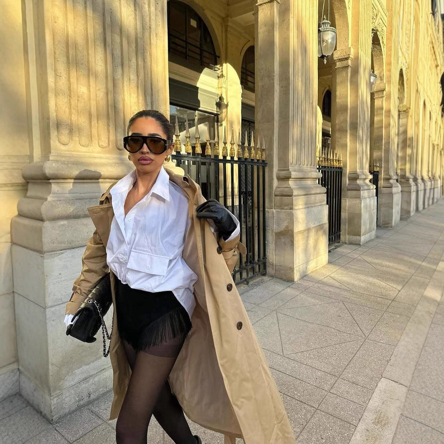 Damen stilvolle Trenchcoat mit praktischen Taschen und Gürtel WW