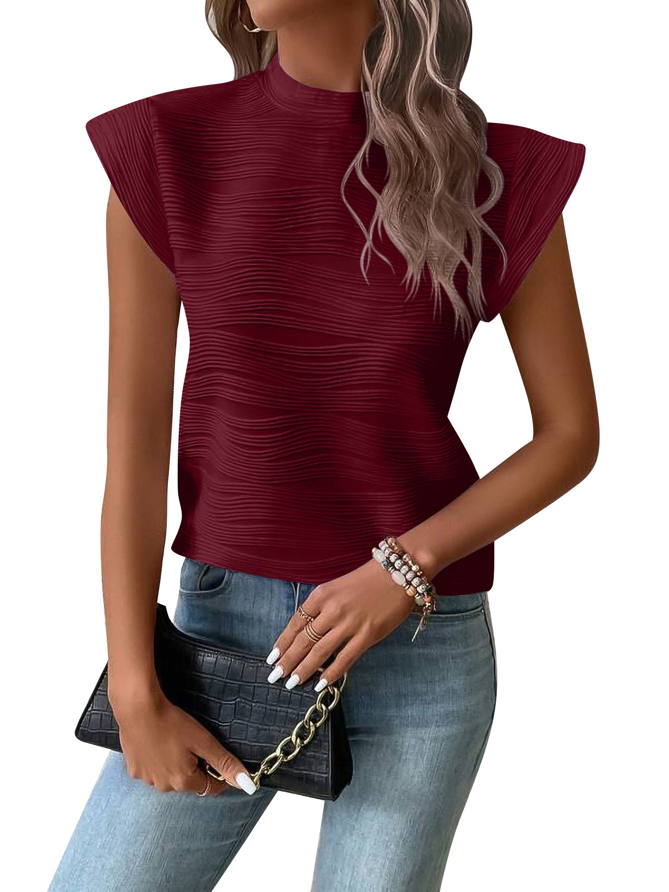 Damen elegantes Oberteil mit strukturiertem Puffärmel und hochgeschlossenem Ausschnitt WW