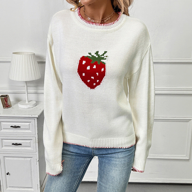 Damen Strickpullover mit fruchtigem Erdbeer-Motiv und lässigem Schnitt WW