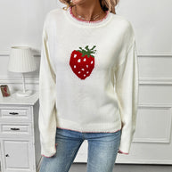 Damen Strickpullover mit fruchtigem Erdbeer-Motiv und lässigem Schnitt WW