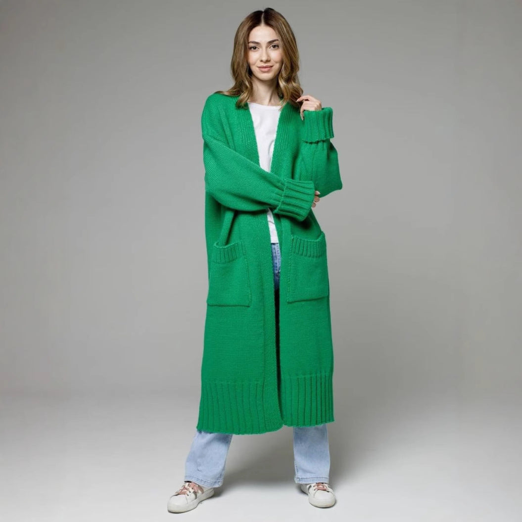 Damen bequemer langer Strickcardigan mit Taschen und breiten Ärmeln WW
