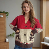 Damen Strickjacke mit dekorativen Taschen und modernem Farbblockdesign WW