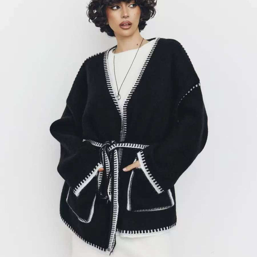 Damen Strickjacke mit Bund und großen Taschen WW