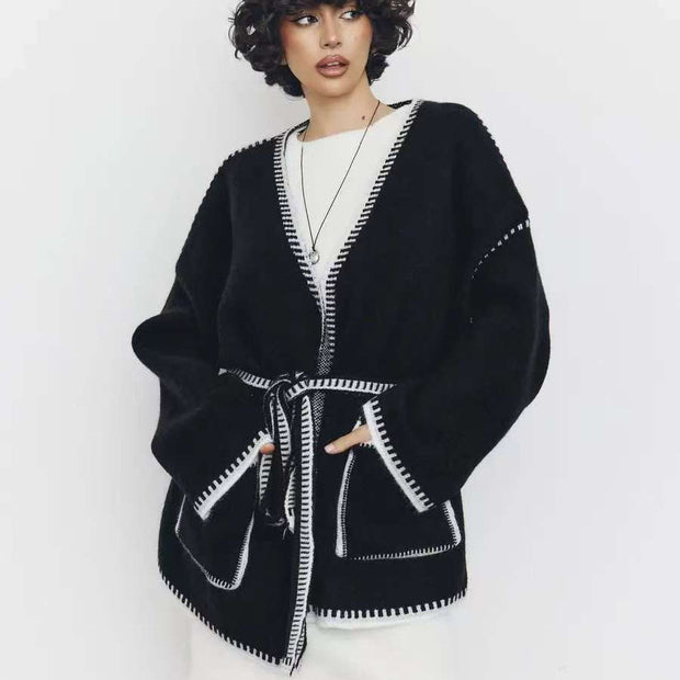 Damen Strickjacke mit Bund und großen Taschen WW