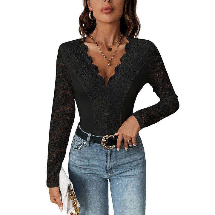 Damen Spitzenbody mit tiefem V-Ausschnitt und langen Ärmeln W&W Mode