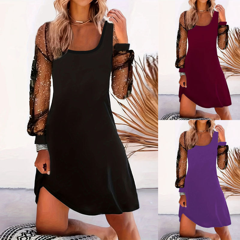 Damen asymmetrisches Kleid mit transparenten Puffärmeln und schimmernden Akzenten WW