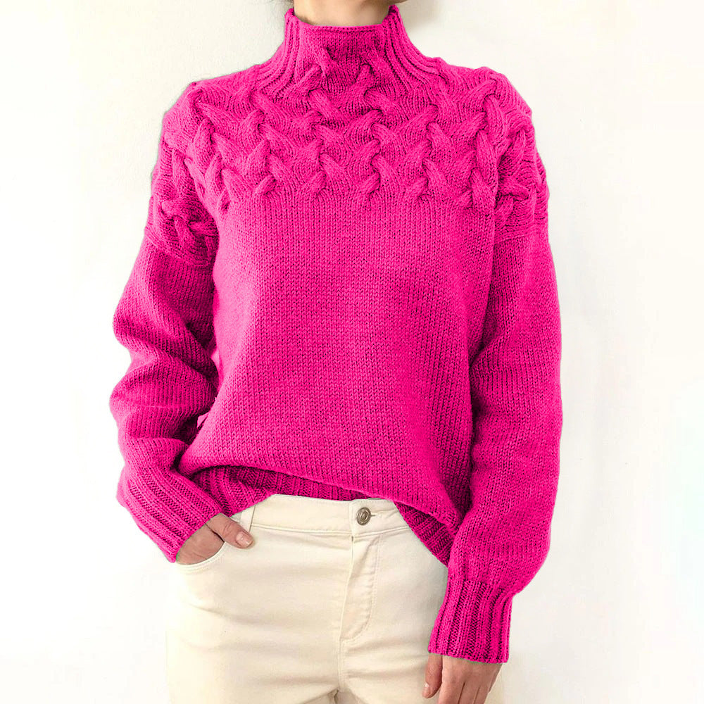 Damen Strickpullover mit hochgeschlossenem Kragen und trendigem Zopfmuster WW