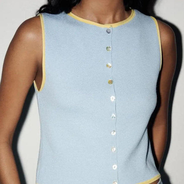 Damen ärmelloses Strickoberteil mit dekorativen Knopfdetails WW