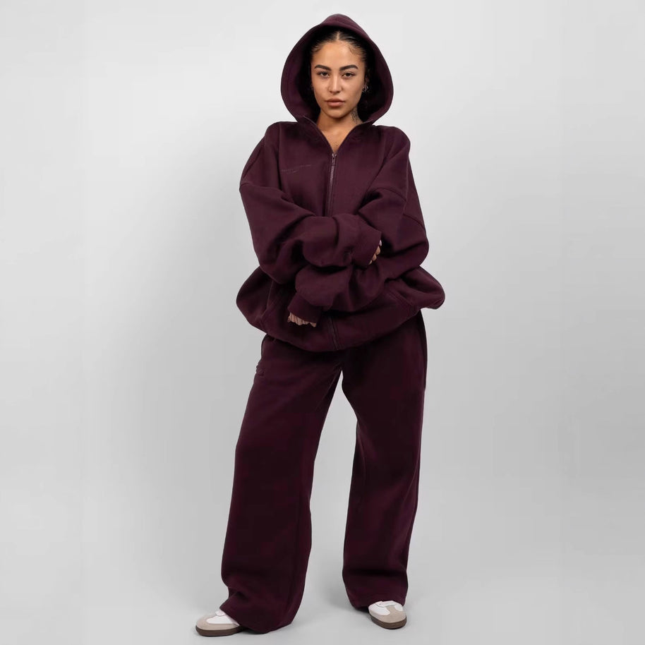 Damen sportliches Fleece-Hoodie-Set mit Reißverschluss und weiten Hosen WW