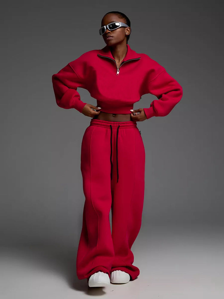 Damen Sportlicher Fleece-Loungewear-Anzug mit Reißverschluss WW