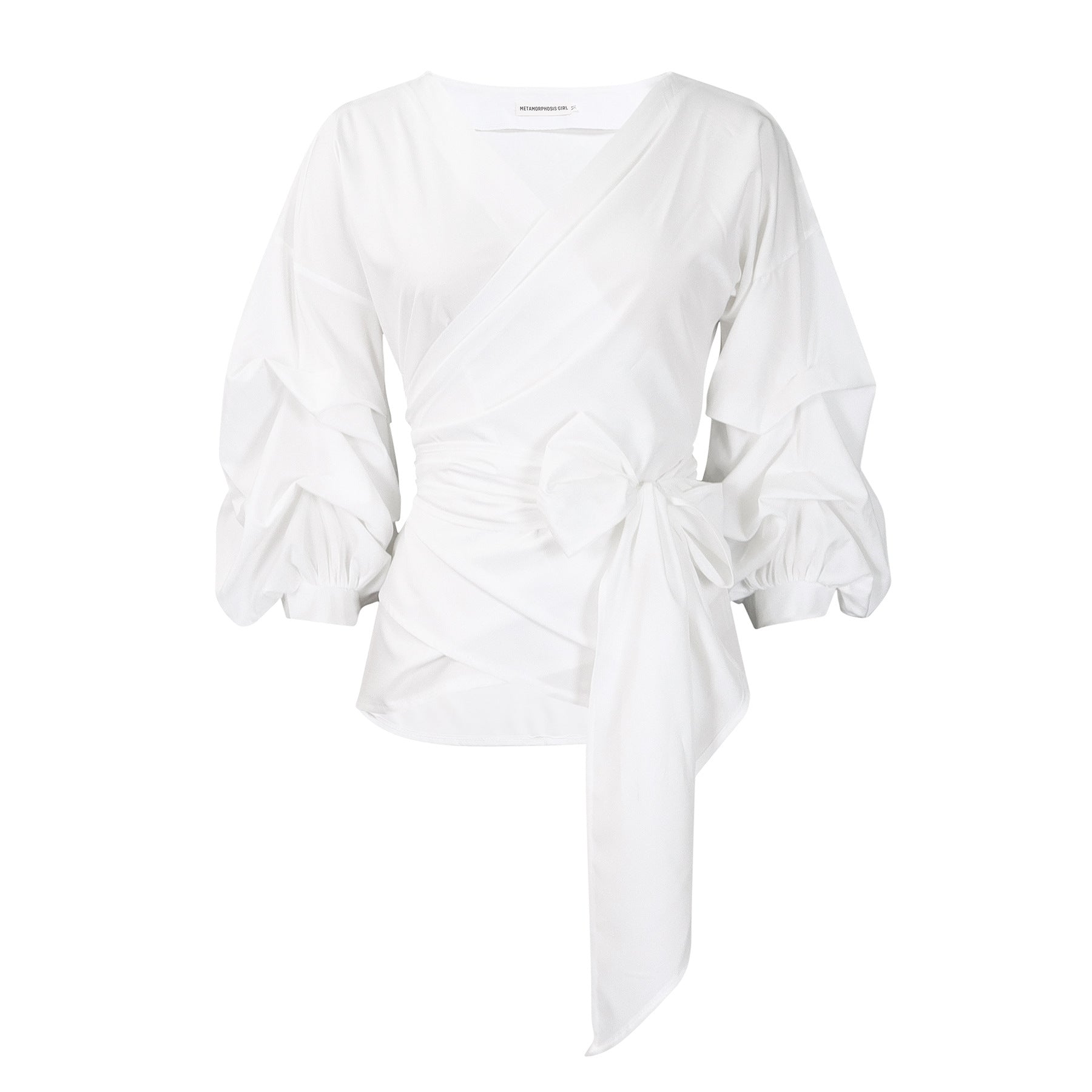 Damen Wickelbluse mit voluminösen Ärmeln und eleganter Schleifenbindung WW