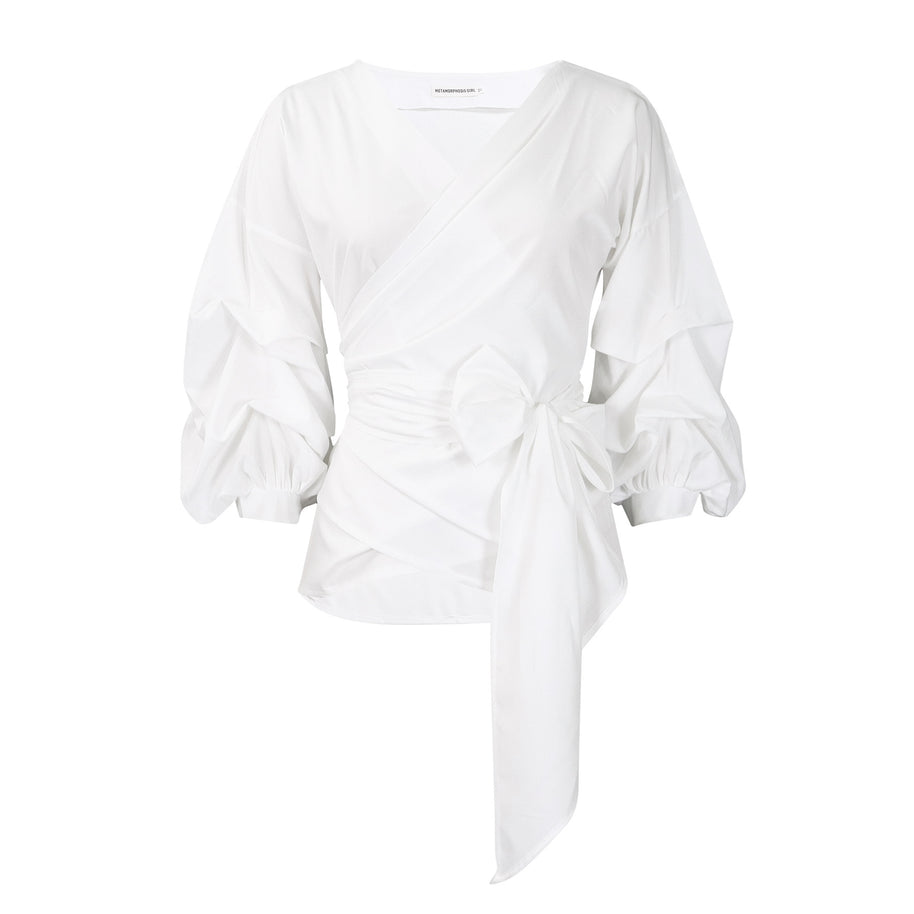 Damen Wickelbluse mit voluminösen Ärmeln und eleganter Schleifenbindung WW
