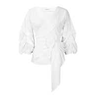 Damen Wickelbluse mit voluminösen Ärmeln und eleganter Schleifenbindung WW