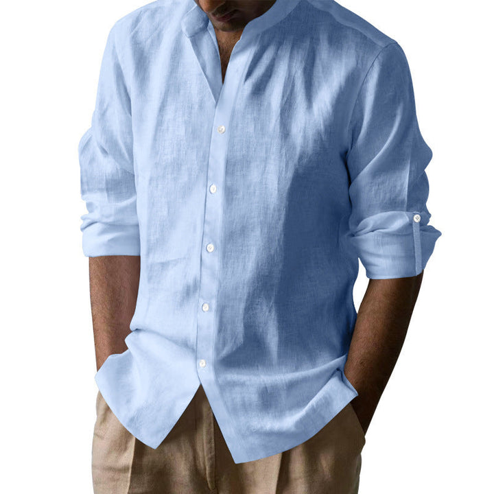 Herren Elegantes Leinenhemd mit Stehkragen und Knopfdetails W&W Mode