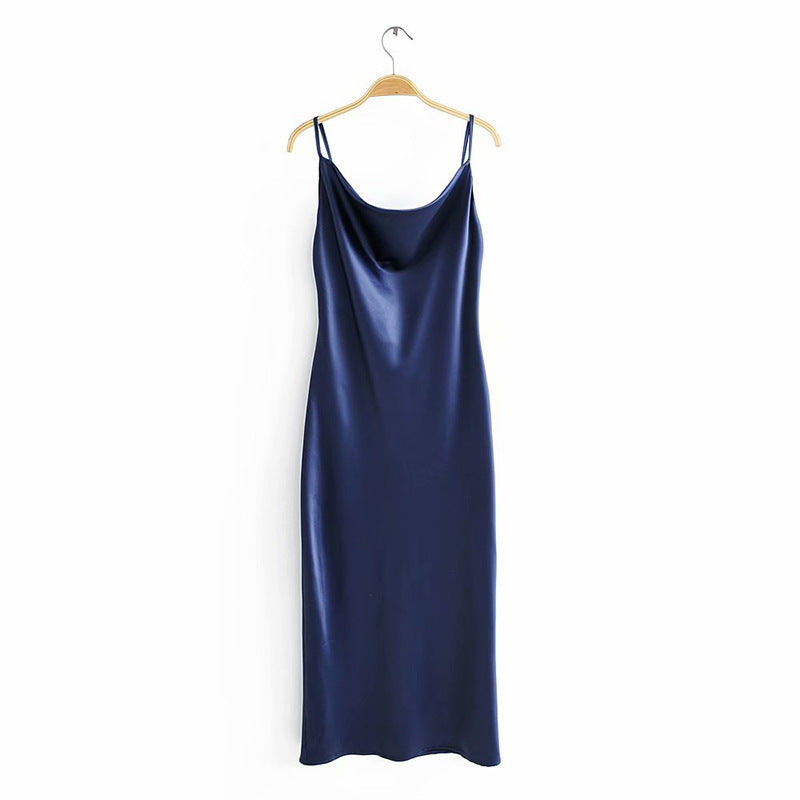 Damen Satin-Midikleid mit verführerischem V-Ausschnitt und Spaghettiträgern WW