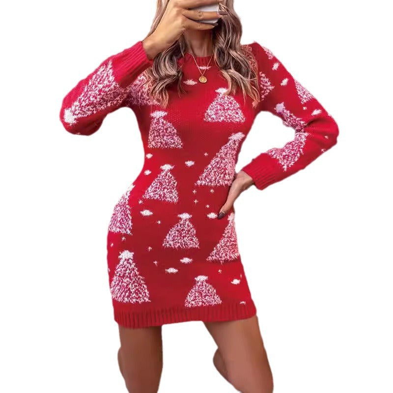 Damen Strickkleid mit festlichem Tannenbaum-Muster WW