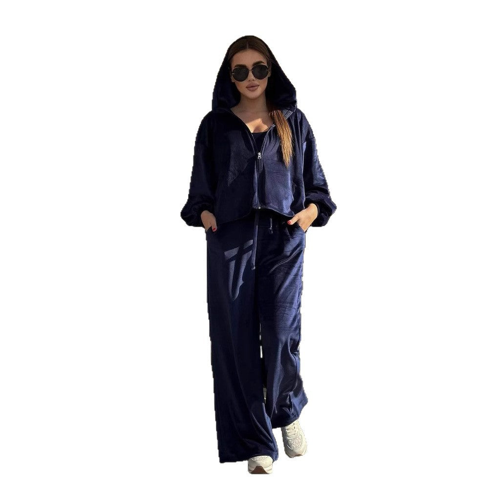 Damen Sportliches Velvet Loungewear-Set mit Hoodiefunktion WW