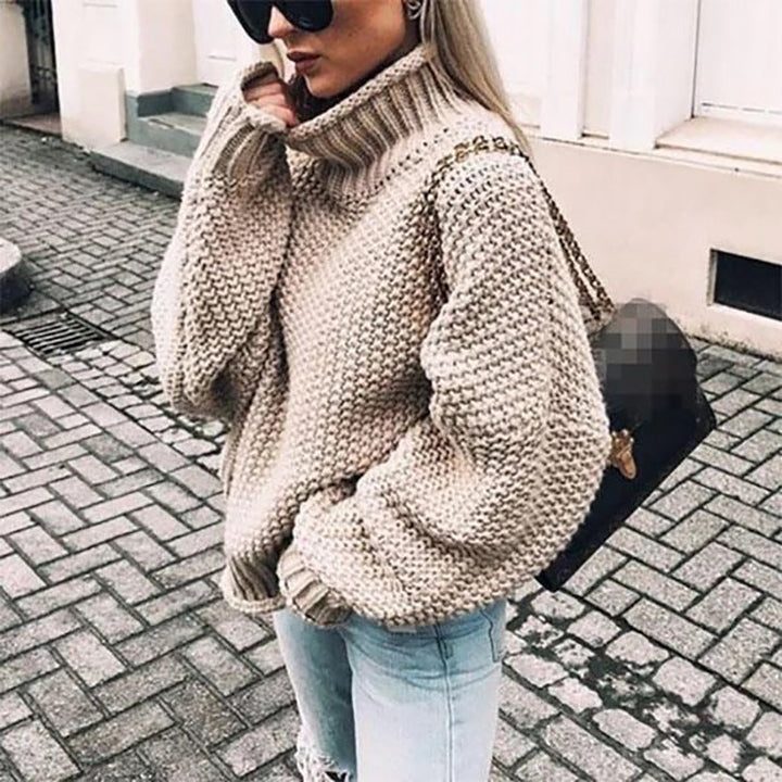 Damen Grobstrickpullover mit hohem Kragen und lässigem Schnitt W&W Mode