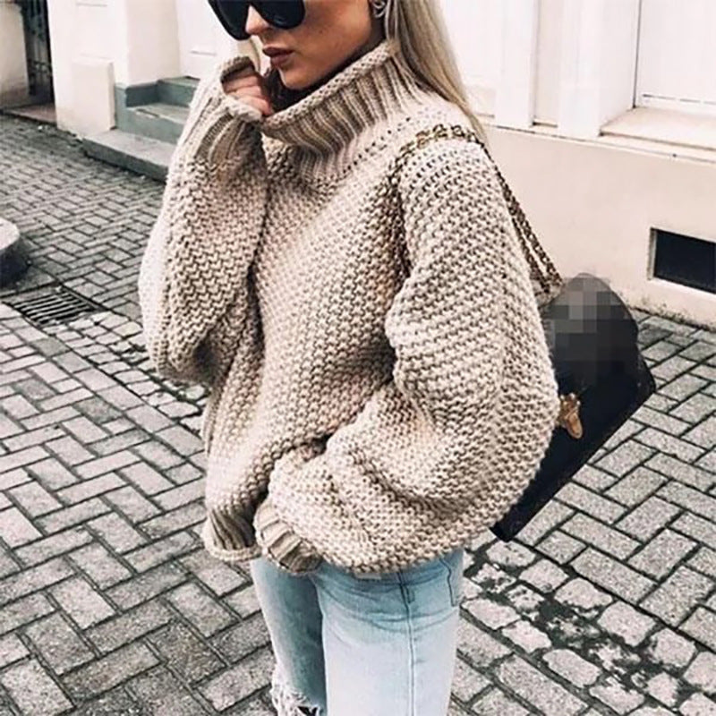 Damen Grobstrickpullover mit hohem Kragen und lässigem Schnitt W&W Mode