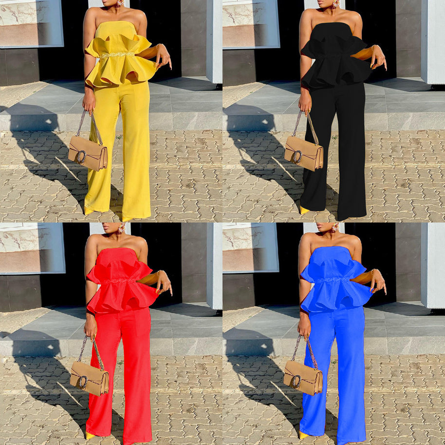 Damen Jumpsuit mit voluminösem Rüschendesign und schulterfreiem Oberteil WW