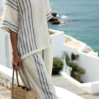 Damen leichte gestreifte Leinen Tunika und Hose Set WW