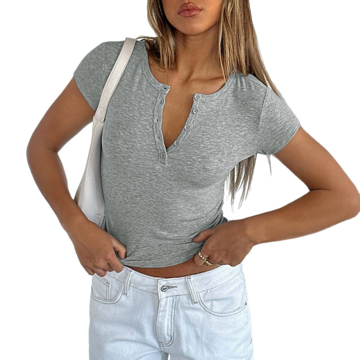 Damen figurbetontes Cropped T-Shirt mit kurzem Arm und Knopfleiste WW
