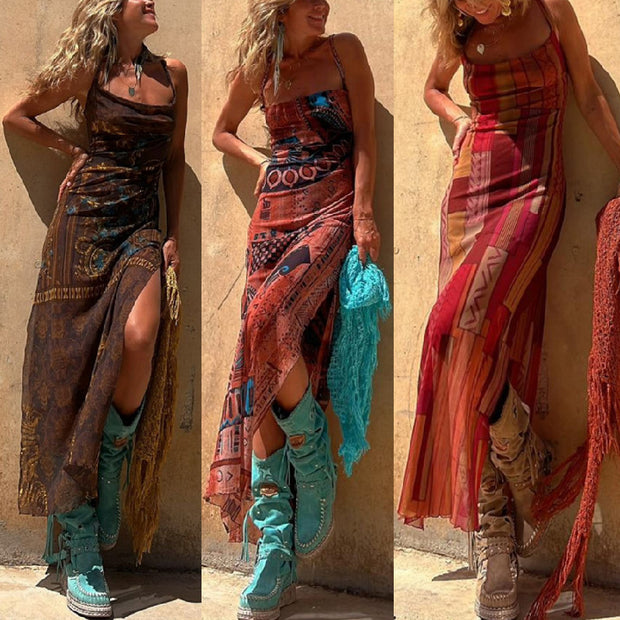 Damen Maxikleid mit asymmetrischem Ethno-Muster und schmalen Spaghettiträgern WW