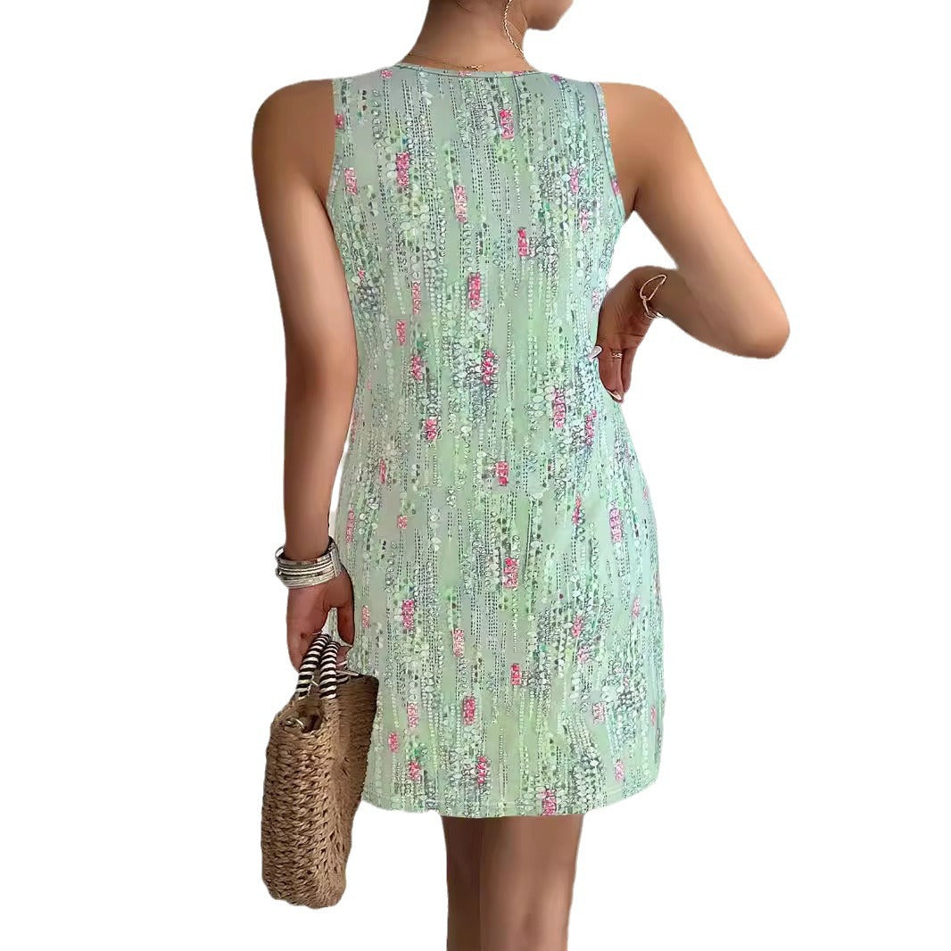 Damen ärmelloses Sommerkleid mit floralen Details und asymmetrischem Saum W&W Mode
